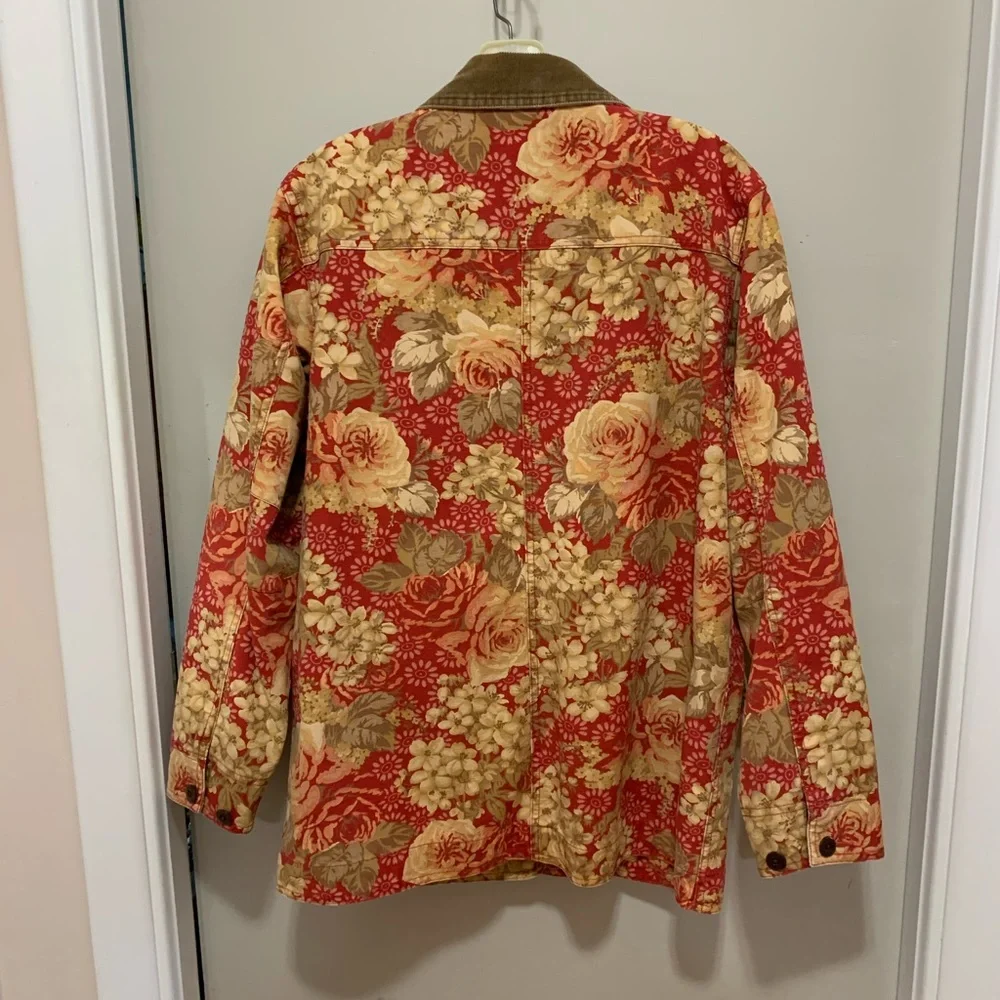 Vintage L.L. Bean Women's Red and Tan Floral Barn Coat - Picture 2 of 6